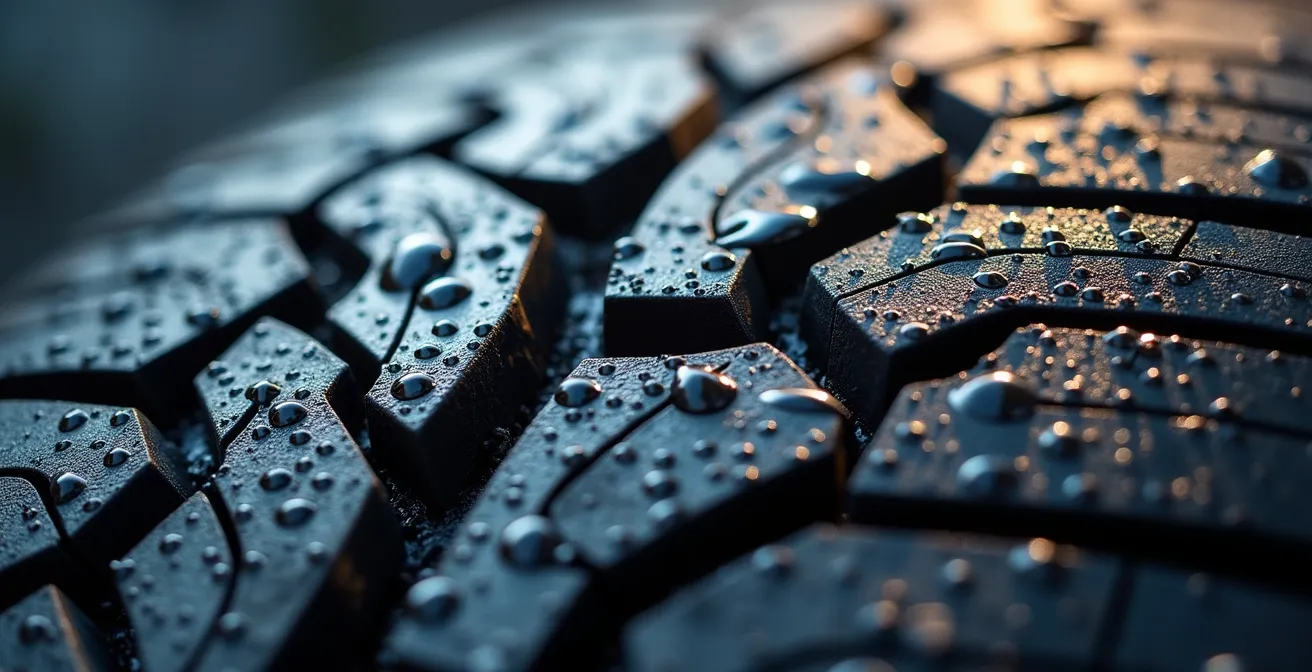 Confronto microscopico tra battistrada nuovo e usurato su superficie bagnata