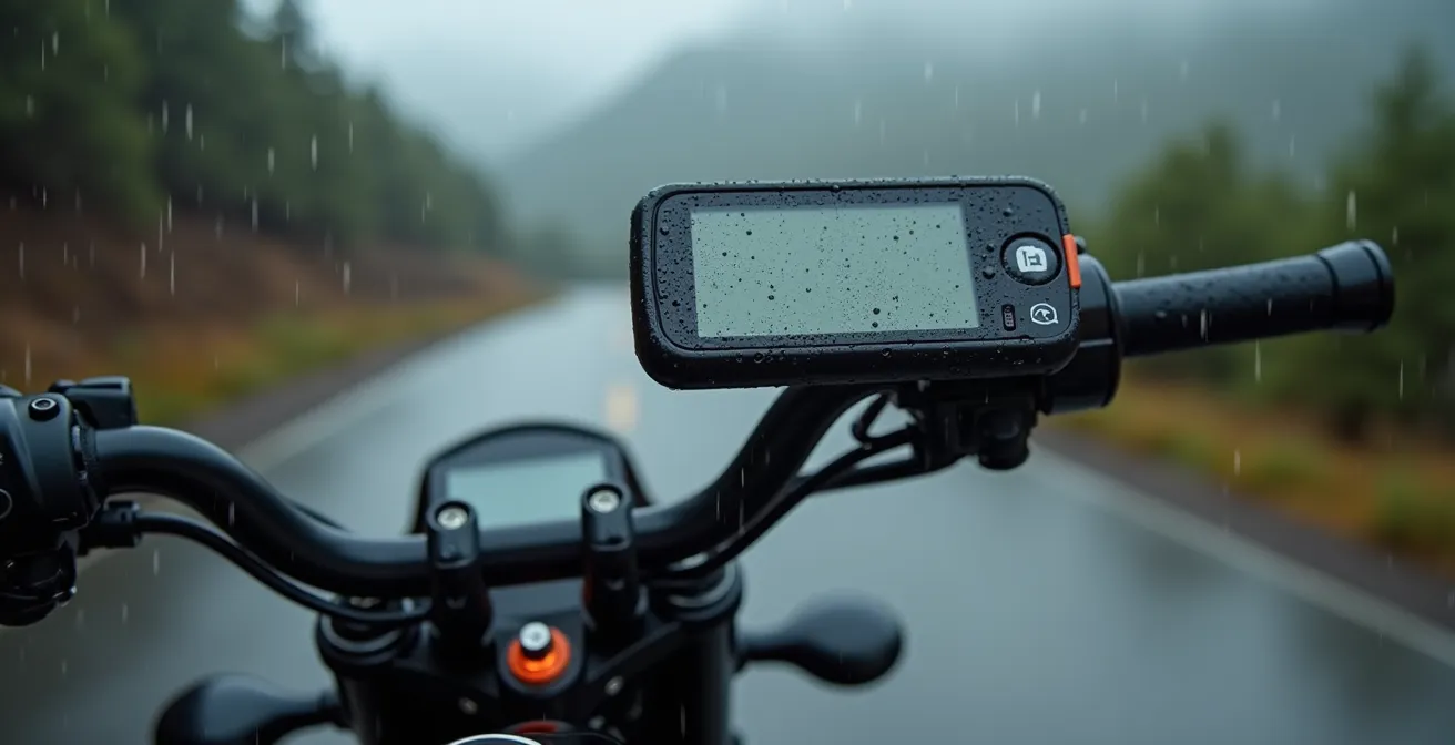Primo piano di un Garmin robusto montato su manubrio sotto la pioggia con gocce d'acqua sulla superficie