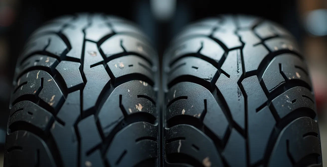 Dettaglio macro di pneumatici tassellati per moto enduro con differenti mescole