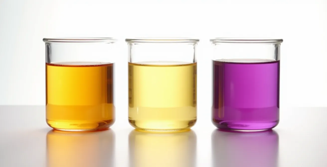 Provette con diversi tipi di liquido freni DOT mostrano differenze di colore e viscosità