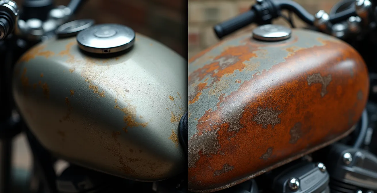 Showroom con moto nuova brillante accanto a classica usata con carattere