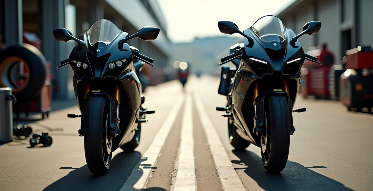 Confronto visivo tra una Superbike da corsa e una moto stradale nel paddock