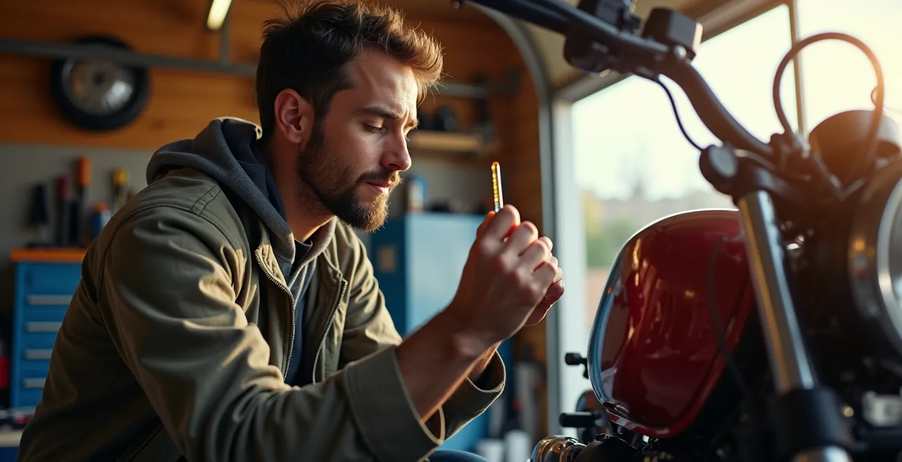 Vista laterale motociclista che controlla livello olio motore con asta graduata