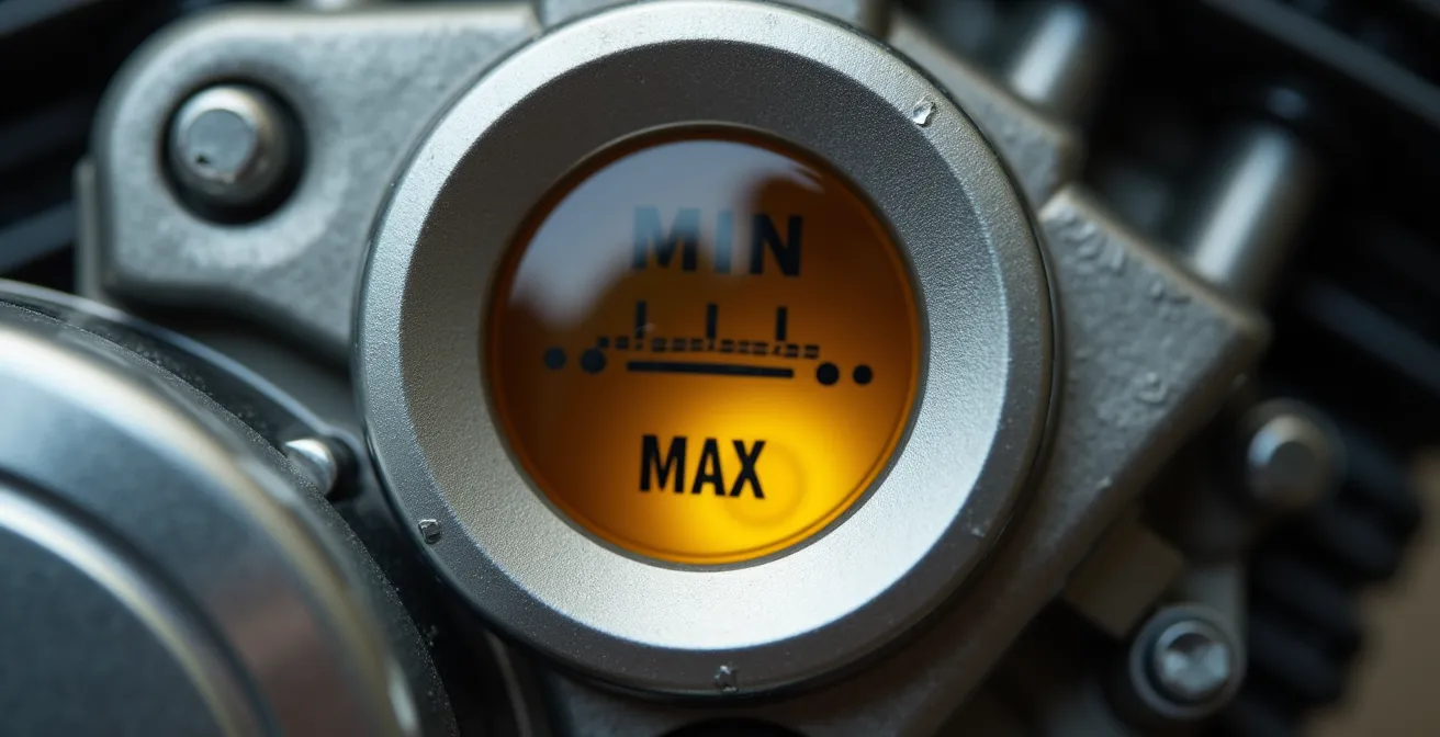 Dettaglio ravvicinato dell'oblò di controllo olio con livello tra min e max