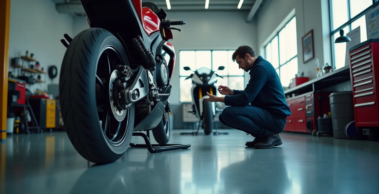 Meccanico che esamina l'usura della catena e degli pneumatici di una moto in officina