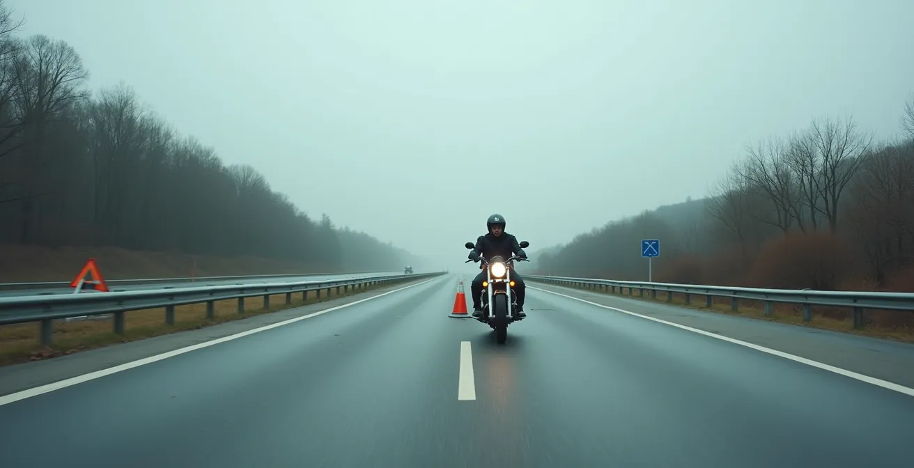 Motociclista fermo sulla corsia d'emergenza con triangolo di segnalazione