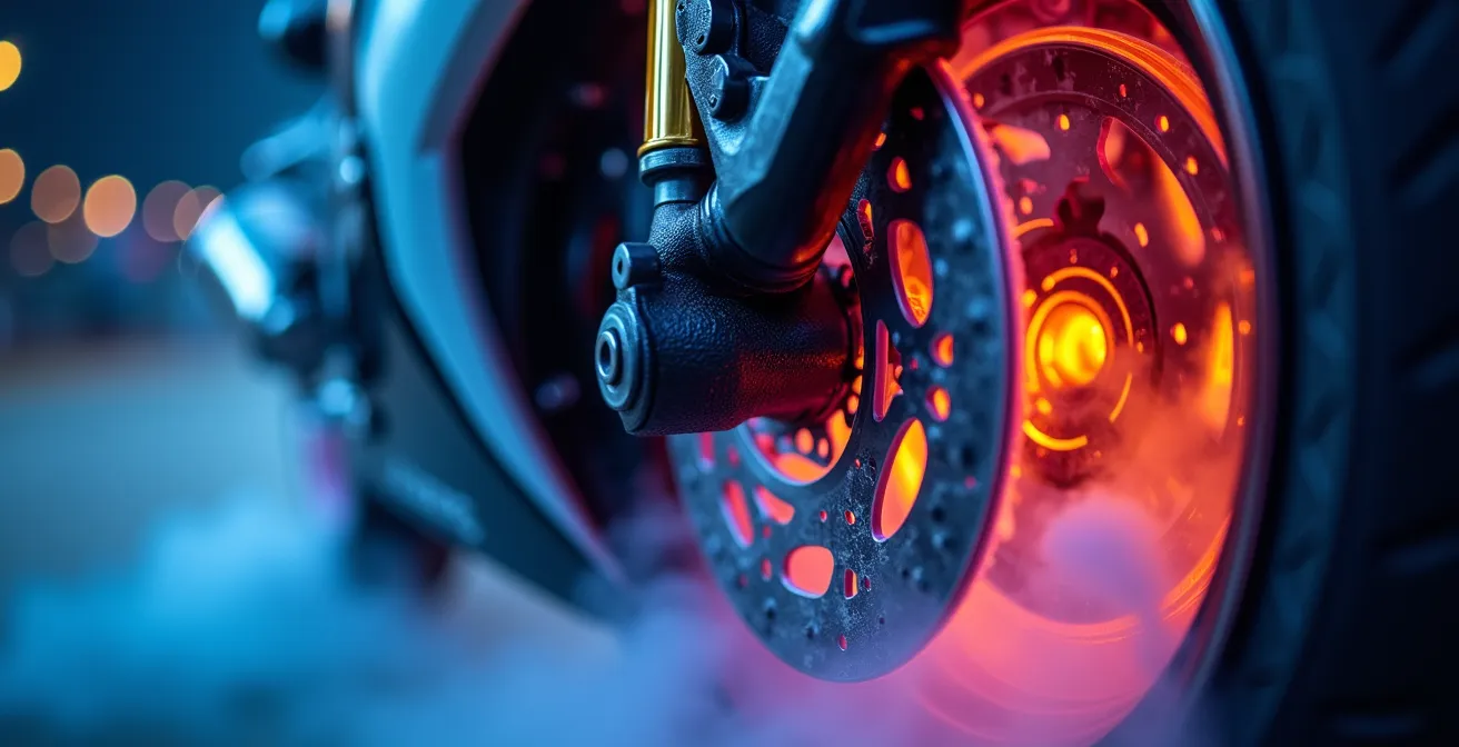 Primo piano di un disco freno di una moto incandescente per il surriscaldamento in pista.