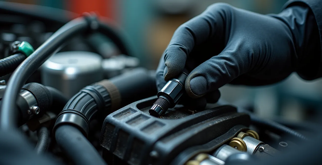 Primo piano mani meccanico che ispeziona sensore MAP su motore moto