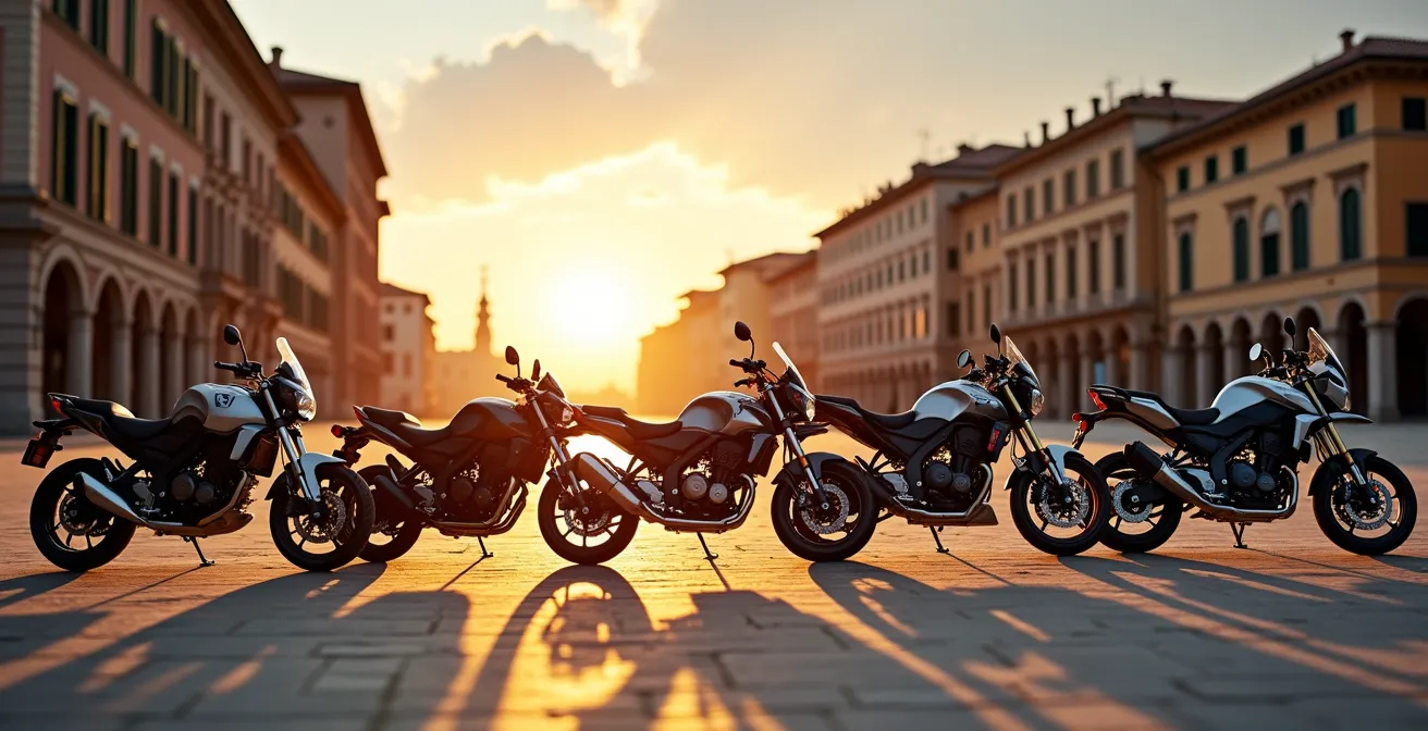 Quattro motociclisti di età diverse con le loro moto caratteristiche