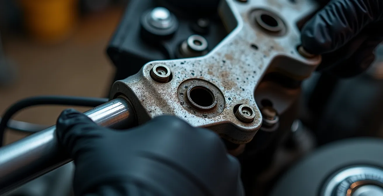 Dettaglio ravvicinato dell'ispezione del canotto di sterzo di una moto per verificare danni strutturali