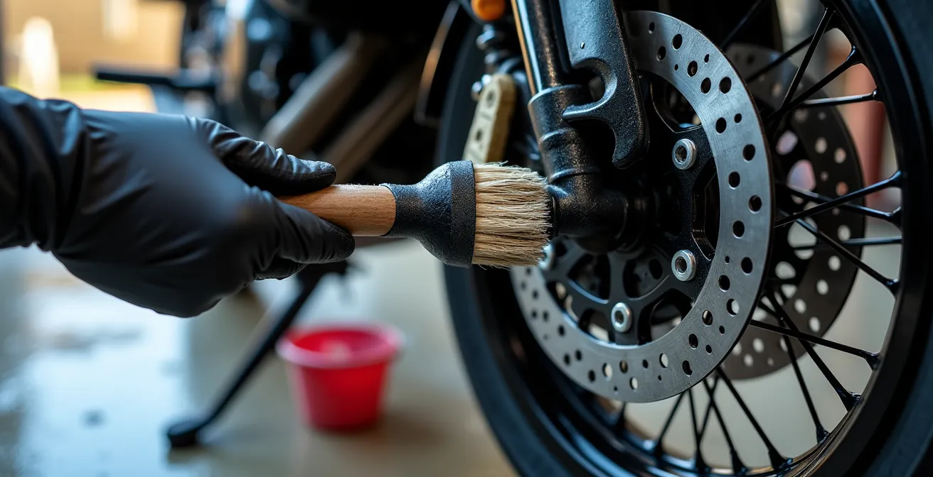 Mano con pennello morbido che pulisce delicatamente il cerchio della ruota posteriore