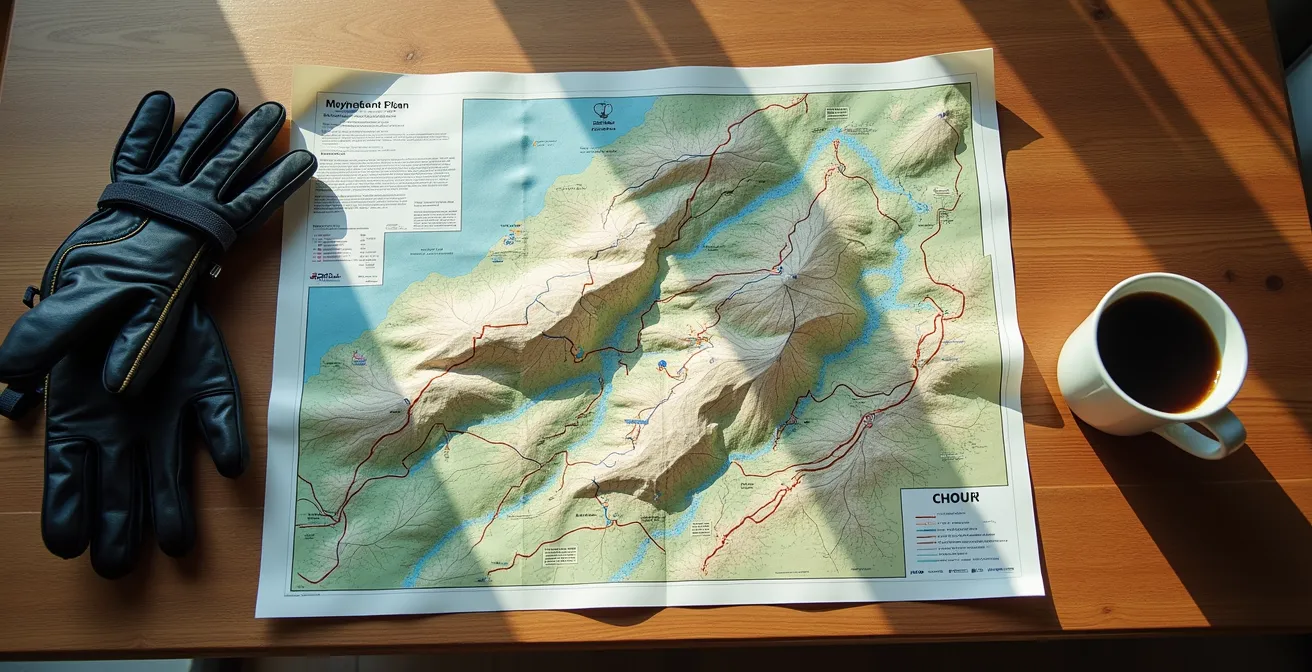 Mappa tattica con percorsi colorati per livello energetico che illustra la pianificazione di un viaggio in moto.