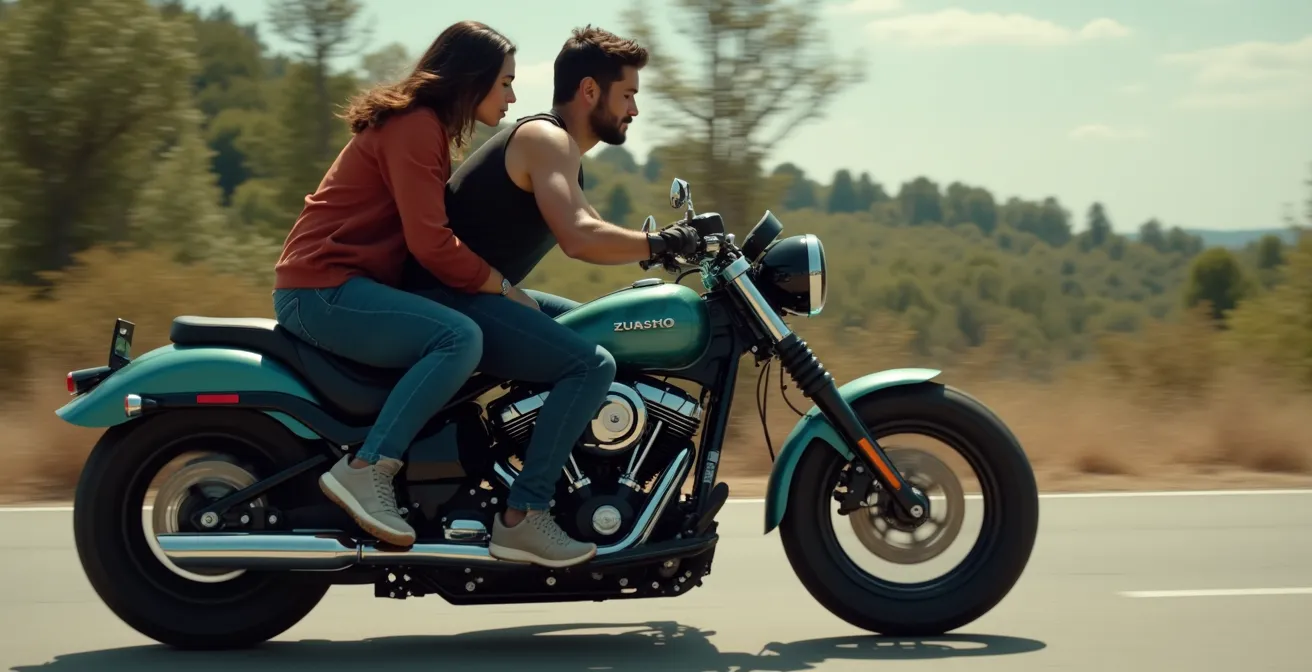 Vista laterale di moto con pilota e passeggero durante la frenata