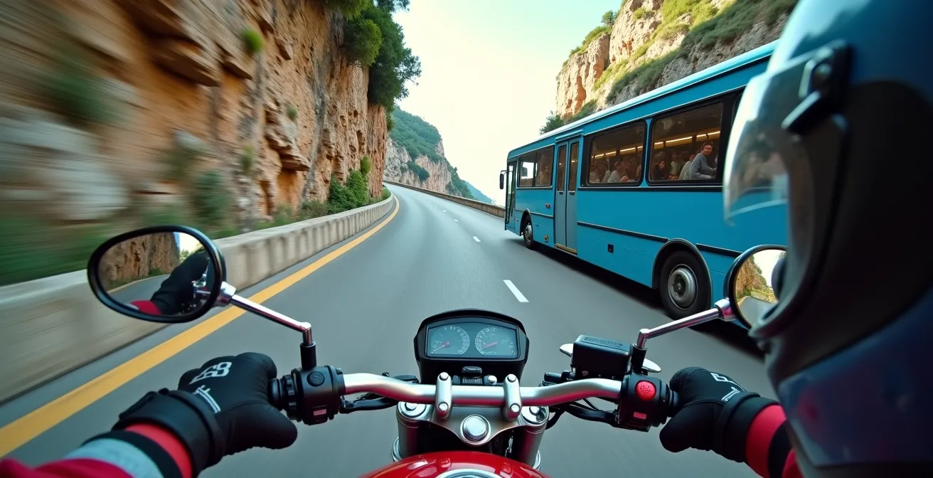 Prospettiva del motociclista che affronta bus turistico in curva stretta della Costiera