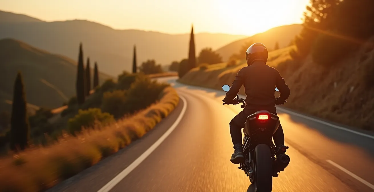 Motociclista su strada panoramica collinare italiana durante il ritorno serale dal lavoro
