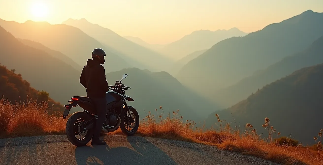 Motociclista fermo a contemplare un passo alpino avvolto nella nebbia autunnale con colori dorati
