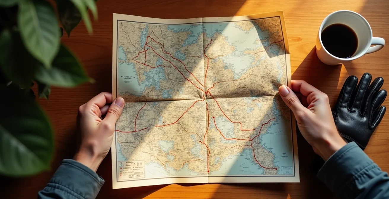 Vista aerea di strade secondarie italiane con curve e tornanti ideali per il mototurismo terapeutico