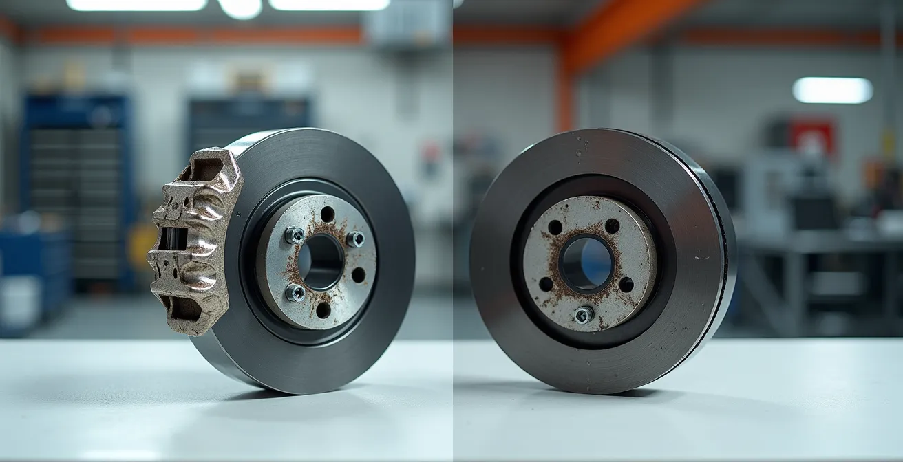 Confronto visivo tra pinza freno pulita e pinza con accumulo di sporco sui pistoncini