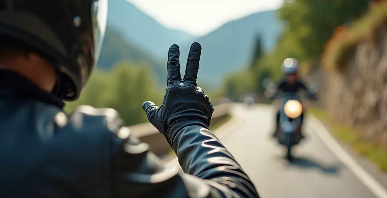 Motociclista che saluta con gesto a V su strada di montagna italiana