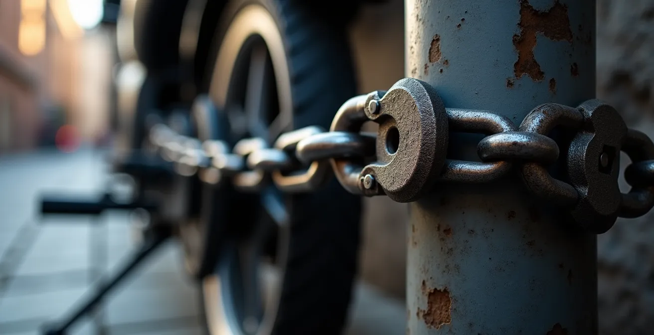 Sistema di sicurezza con catena e bloccadisco su una moto parcheggiata