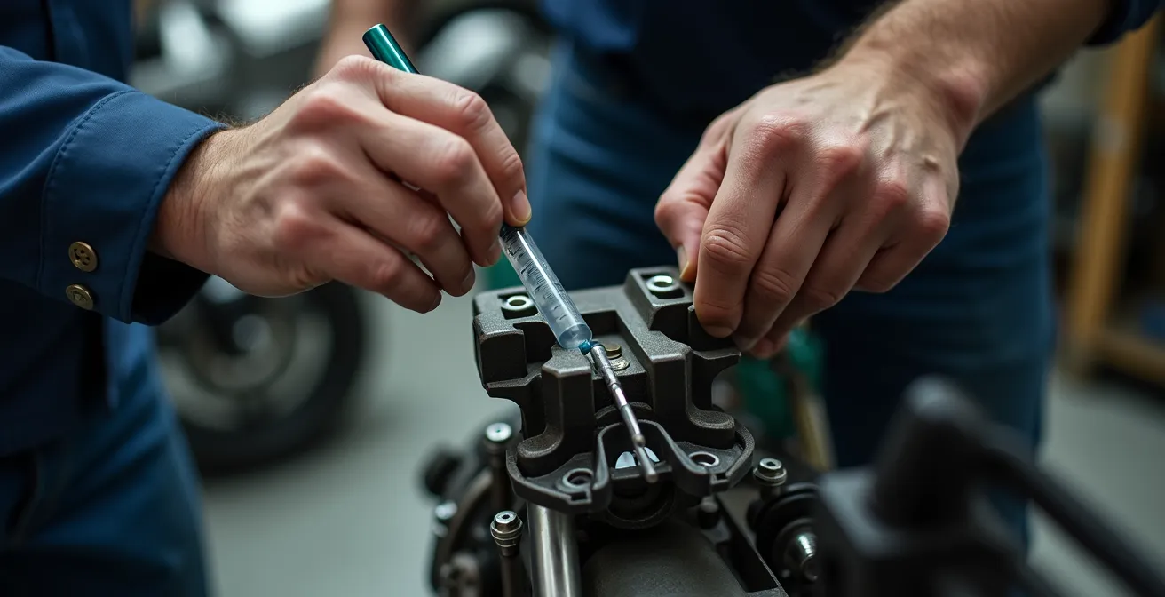 Mani di meccanico che esegue spurgo inverso con siringa su pinza freno moto