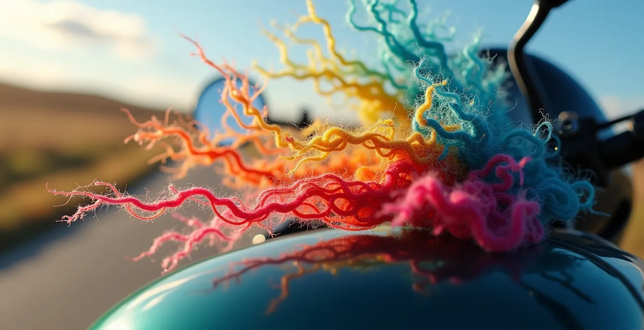 Dettaglio ravvicinato di fili di lana colorati attaccati al cupolino di una moto per visualizzare i flussi d'aria