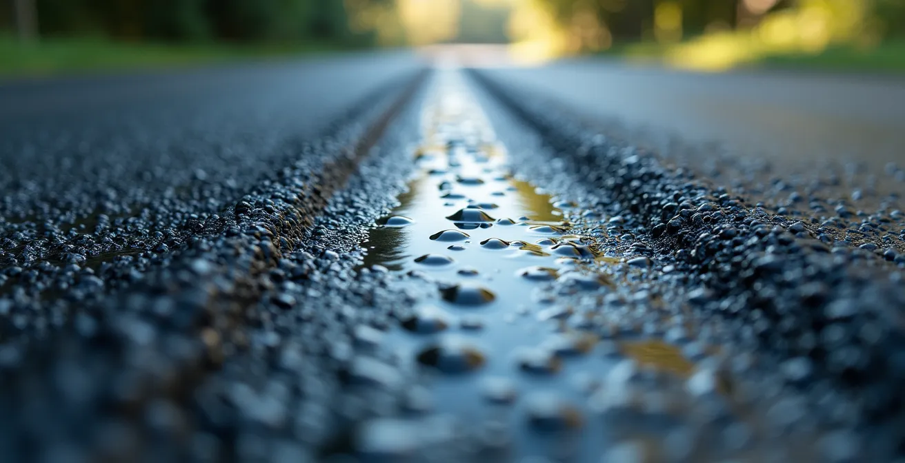 Dettaglio macro della texture porosa dell'asfalto drenante bagnato