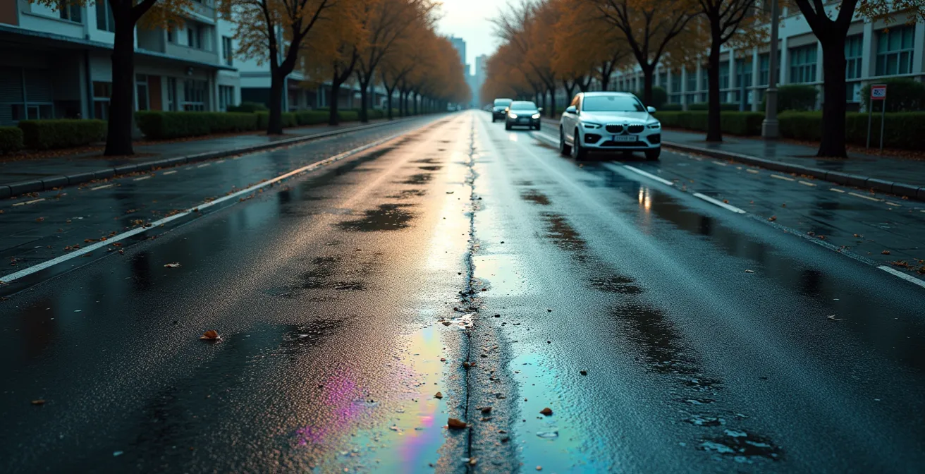 Vista dall'alto di una strada urbana bagnata che mostra le diverse zone di aderenza e accumulo di sporco