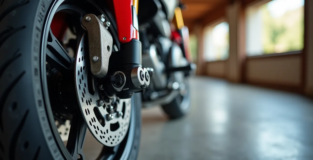 Vista dall'alto di un cortile interno di un hotel di montagna con garage coperto e moto parcheggiate in sicurezza
