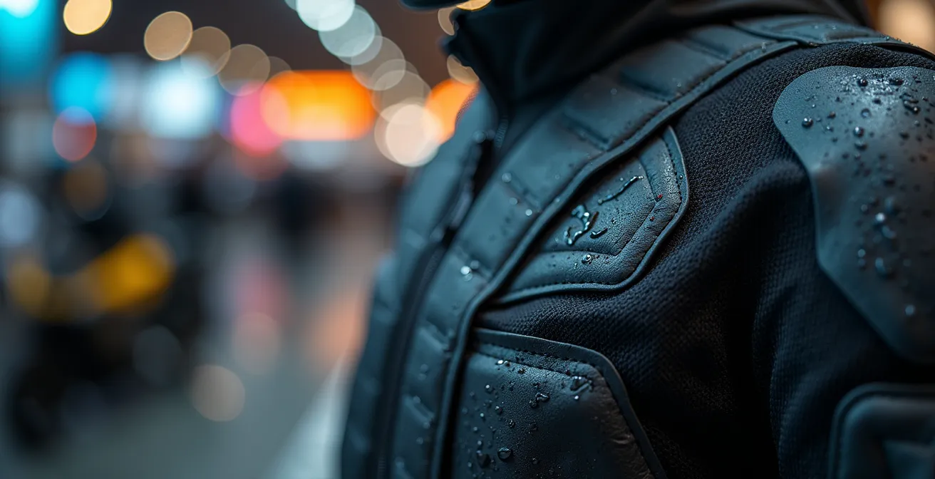 Esperto che valuta l'abbigliamento tecnico per moto in uno stand EICMA