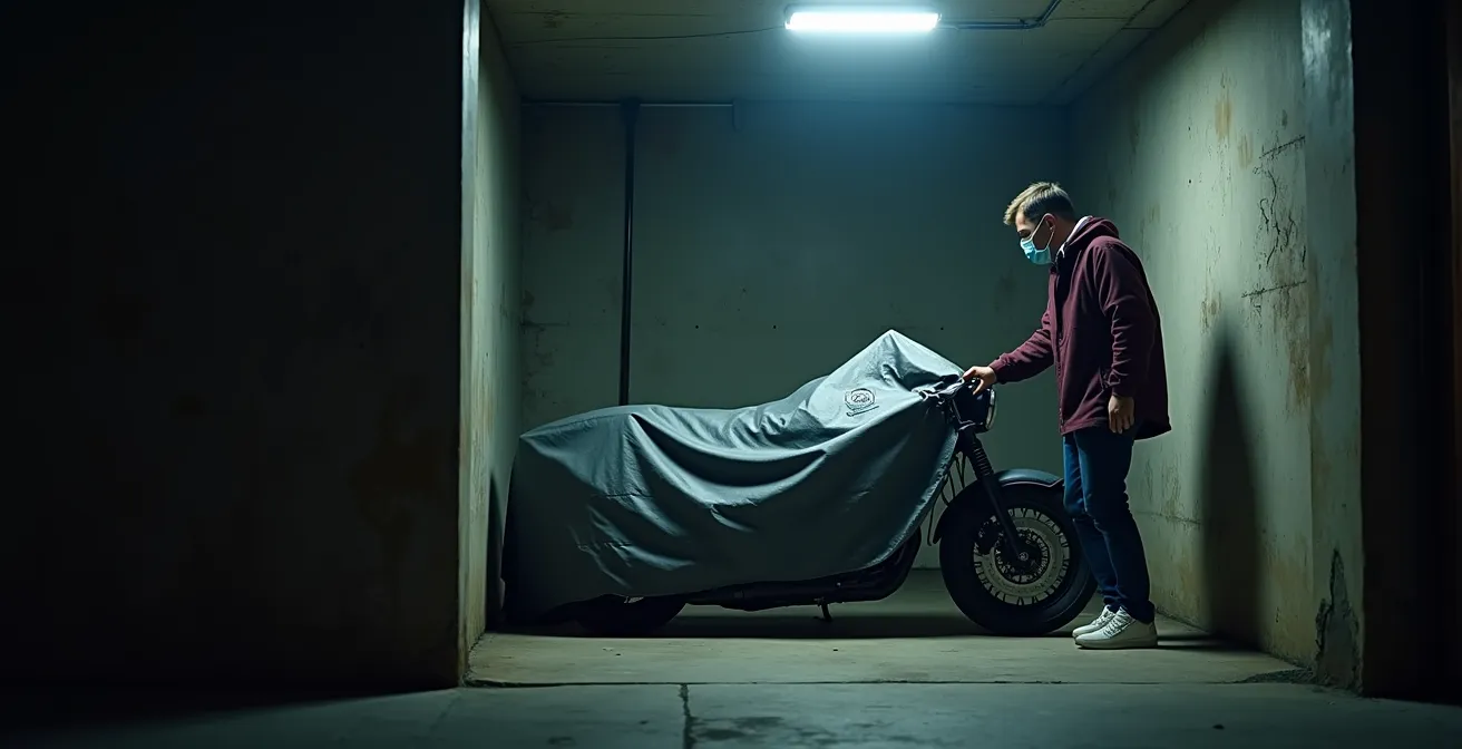 Interno di un box condominiale con moto protetta da telo tecnico traspirante