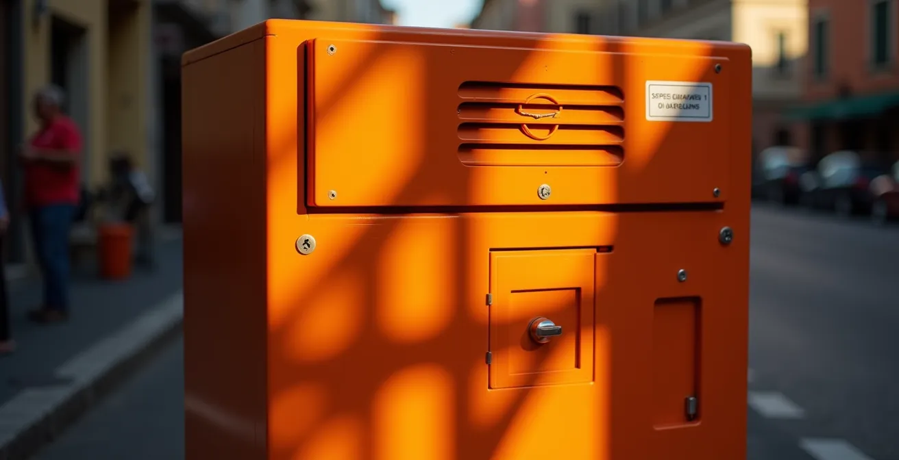 Colonnina arancione speed-check su strada urbana italiana vista laterale