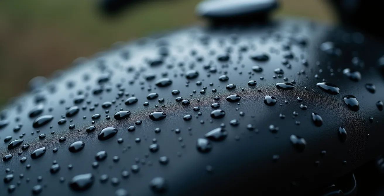 Dettaglio macro di gocce d'acqua su superficie impermeabile della borsa