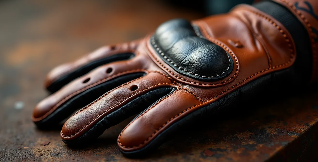 Dettaglio microscopico della struttura della pelle di canguro su guanto moto