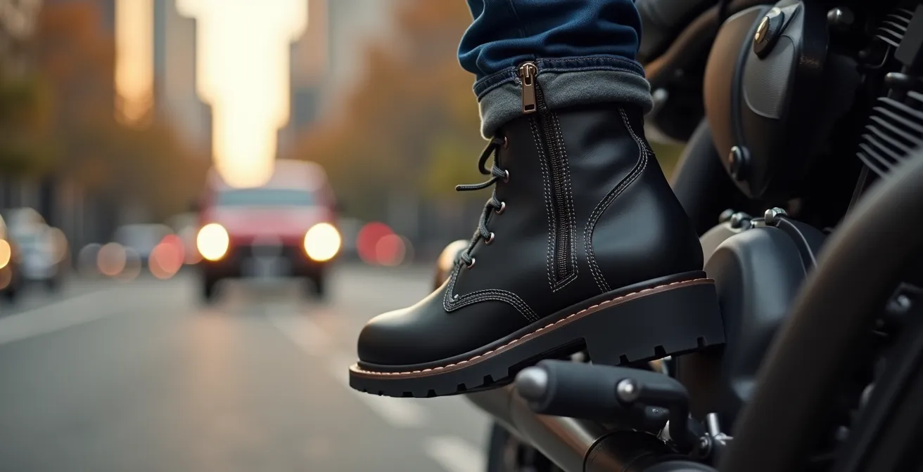 Dettaglio di un sistema di chiusura ibrido con lacci e zip laterale YKK su una scarpa tecnica da moto in un contesto urbano.