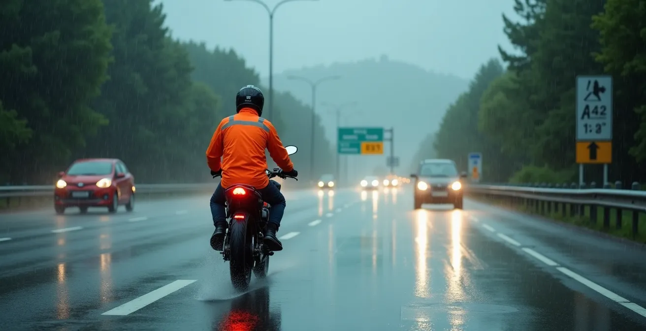 Motociclista che mantiene ampia distanza di sicurezza su autostrada bagnata