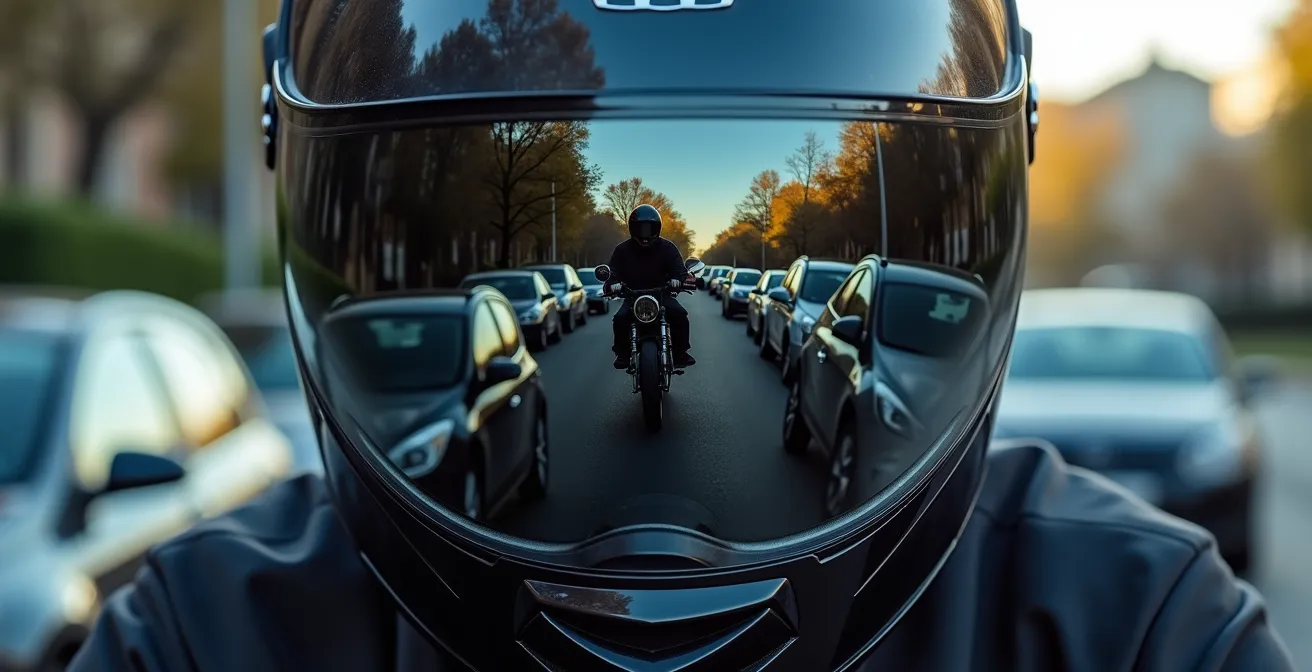 Dettaglio ravvicinato di un motociclista che controlla gli specchietti delle auto in coda