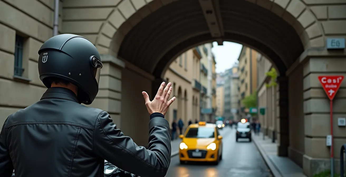 Motociclista che si ferma mentre un taxi attraversa un varco ZTL