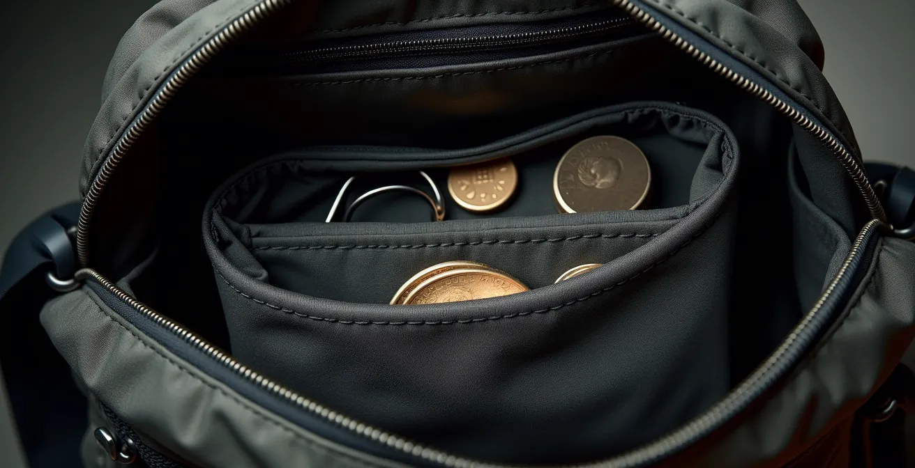 Vista dall'alto dell'interno di una borsa serbatoio con oggetti organizzati