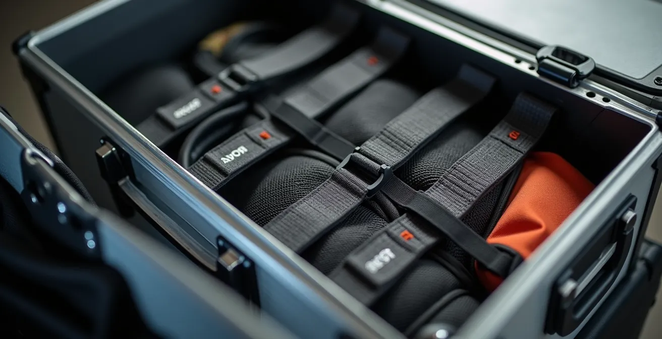 Dettaglio interno di valigia moto con sistema di organizzazione del carico