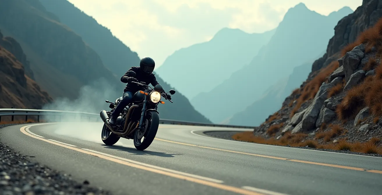 Motociclista che dimostra la corretta posizione del corpo in curva su strada di montagna