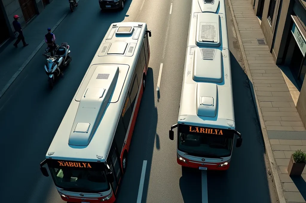 Vista aerea di uno spazio angusto tra due autobus fermi nel traffico cittadino