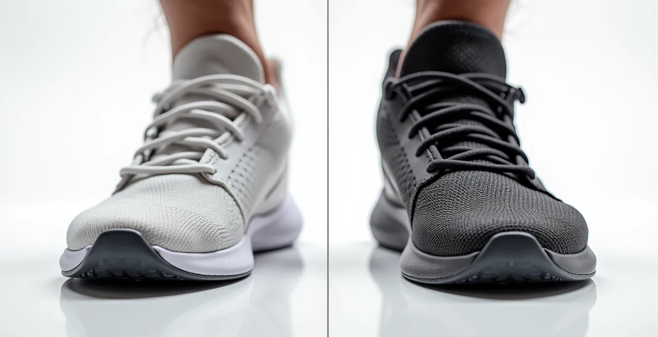 Test biomeccanico che mostra la deformazione di una sneaker vs stivale certificato sotto pressione laterale.