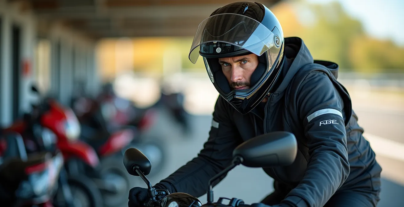 Pilota professionista durante test ride nell'area MotoLive di EICMA