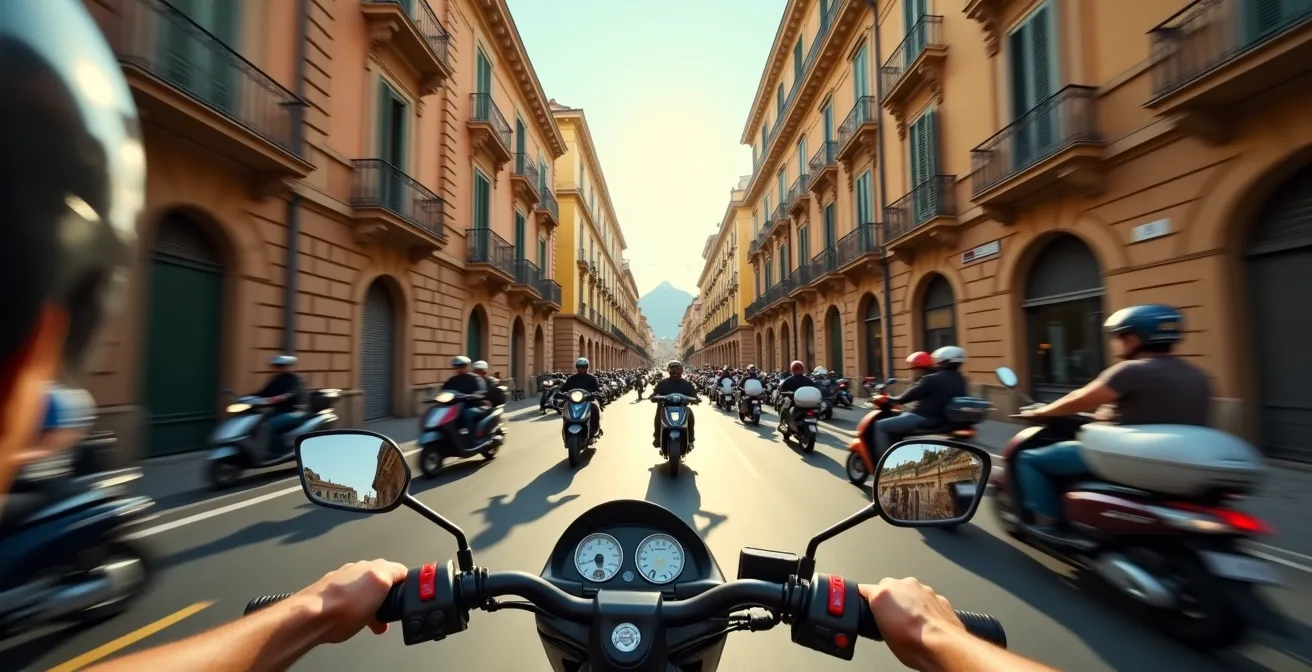Prospettiva soggettiva di un motociclista nel traffico napoletano intenso