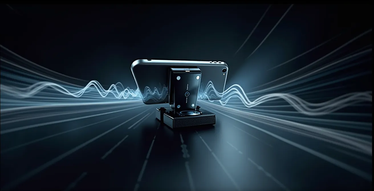 Vista simbolica delle onde di vibrazione che attraversano un supporto smartphone con effetto di dispersione