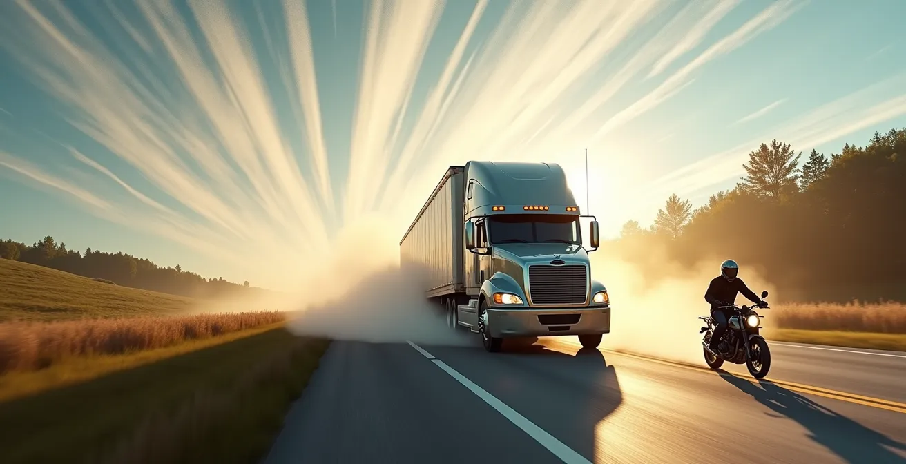 Visualizzazione dei vortici d'aria turbolenti dietro un camion in autostrada