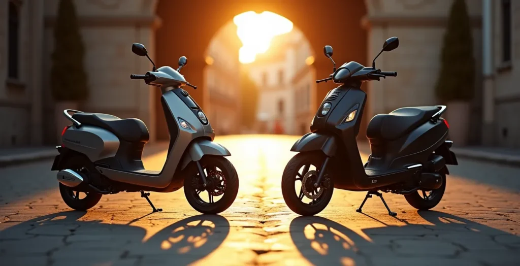 Moto elettrica e tradizionale parcheggiate davanti a varco ZTL con segnaletica Moto elettrica e tradizionale parcheggiate davanti a varco ZTL con segnaletica